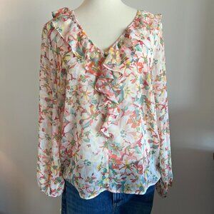 Lauren Conrad Size M Womens Floral V-Neck Loong Sleeve Ruffle blouse with Cami